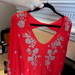 Free People Red Tunic with Cream Embroidery